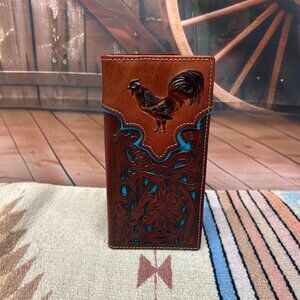 Brown Rooster Leather Wallet With Turquoise Inlay